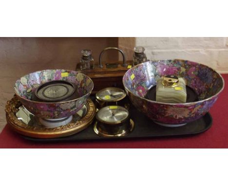 Two oriental style bowls on stands, modern brass barometer and clock, gilt mirror, onyx lighter and Edwardian oak two bottle 