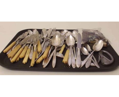 Quantity of mixed cutlery, plated vesta case, West Highland Terrier compact, quill pen carrier/sharpener, Eros necklace watch