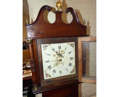 30 hour oak and crossbanded longcase clock with painted dial decorated with flowers and Jay by Rich Larcombe, Axminster. Cond
