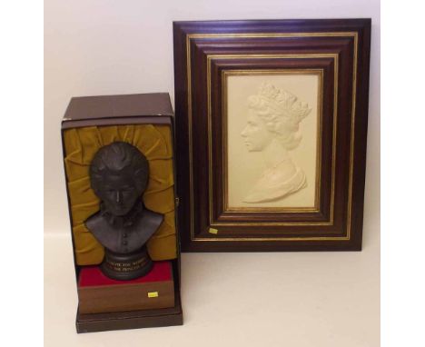 Royal Doulton basalt bust, Princess Anne wedding (boxed) and framed Royal Worcester portrait of Queen Elizabeth modelled by A