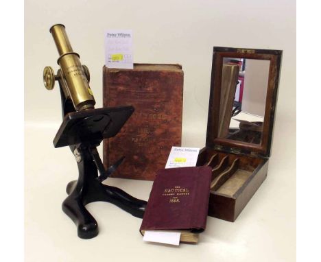 Voigtlaender microscope mahogany box for cut throat razors, Scott's Codes book and Nautical pocket manual 1808. Condition rep
