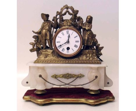 Victorian alabaster and gilt metal mantel clock on base complete with pendulum and winding key. Condition report: see terms a