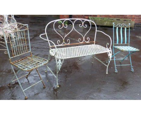 Metal ware garden settee and two folding chairs. Condition report: see terms and conditions