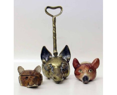 19th century fox stirrup cup, wooden fox inkwell and a brass fox doorstop. Condition report: see terms and conditions