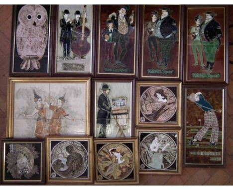 Twelve Maw & Co framed tiles and a four piece framed tile set and a six piece tile set decorated with a lion signed S. Elvin.