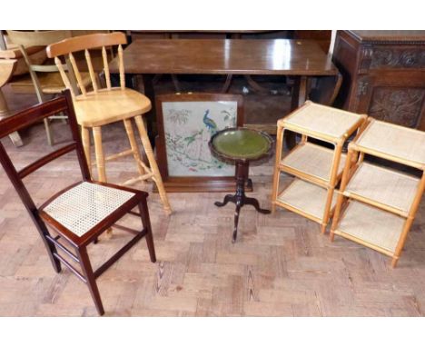 Oak framed woolwork firescreen, two bamboo tables, breakfast bar chair, tripod wine table and mahogany and inlaid bedroom cha