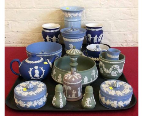Collection of Wedgwood Jasper ware including two large bowls, rose vase, American Presidents plate , also two Dudson vases an