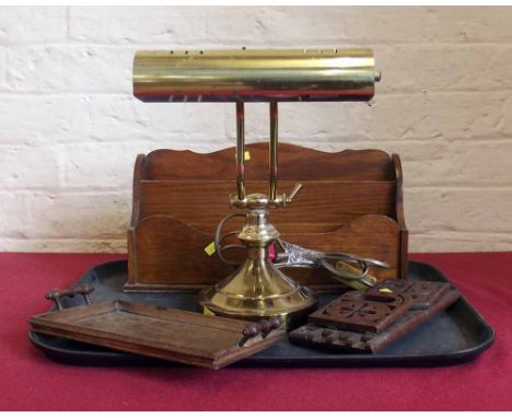 Victorian style angle poise desk lamp, small oak tray, oak leather rack etc. Condition report: see terms and conditions