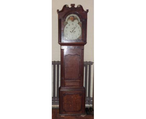 Oak, mahogany and inlaid 8-day longcase clock with enamel diall and rolling moon. Condition report: see terms and conditions