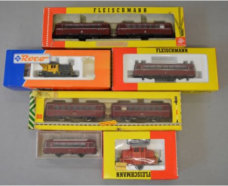 H0 Scale. Fleischmann & Roco. 3 x rail car sets together with dummy coach & 2 x diesel shunters. Ref 4405, 4406, 1370/2, 4400