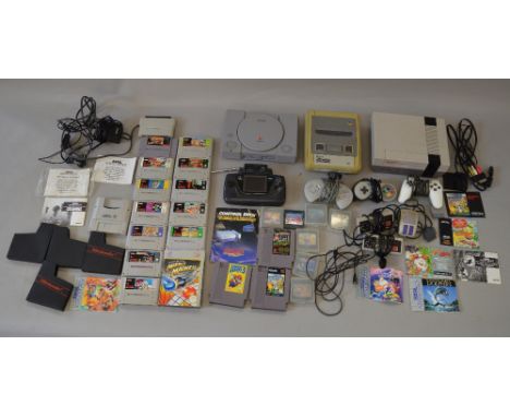 Vintage Games Consoles and games: NES; SNES; PS1; GameGear with assorted games, mostly unboxed.
