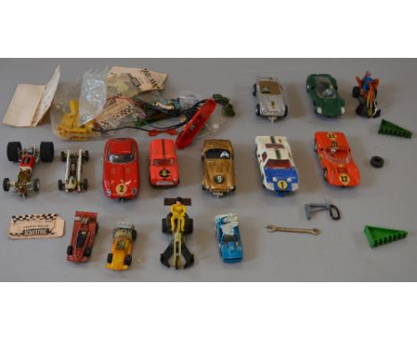 9 assorted slot cars of varying sizes and ages together with 3 Mattel Sizzlers and 2 Chopcycles (14)
