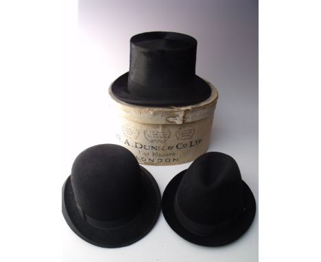 A BOXED 'DUNN &amp; Co' BLACK SILK TOP HAT, together with a vintage bowler hat, and an Austrian style trilby (3) Buyers - for