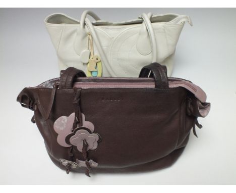 TWO GENUINE LADIES RADLEY LEATHER HANDBAGS, comprising one in a rich dark brown with contrasting pastel leather embellishment