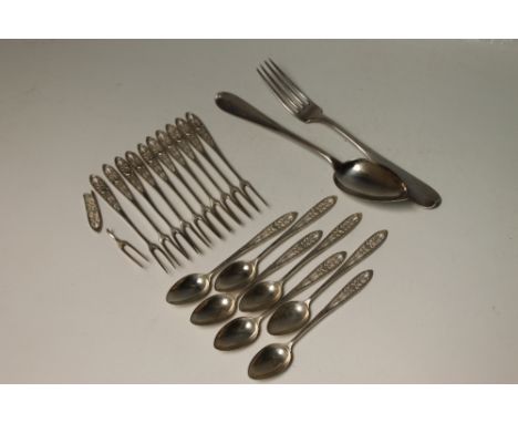 A QUANTITY OF WHITE METAL FLATWARE, consisting of a Continental table fork and spoon with 800 marks and a quantity of possibl