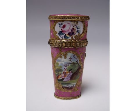 A CONTINENTAL ENAMEL ETUI, fully fitted with gilt scissors etc., pink ground with painted panels of floral and figural decora