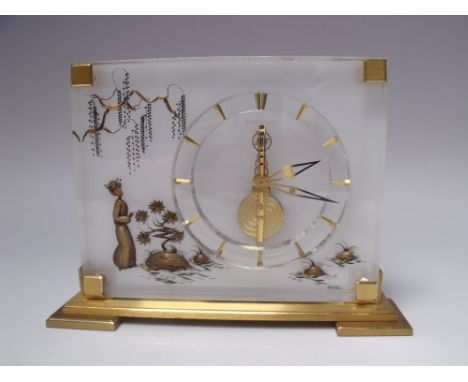 A JAEGER-LECOULTRE 'MARINA' MANTEL CLOCK, of rectangular form, the lucite body with Oriental decoration and visible movement,