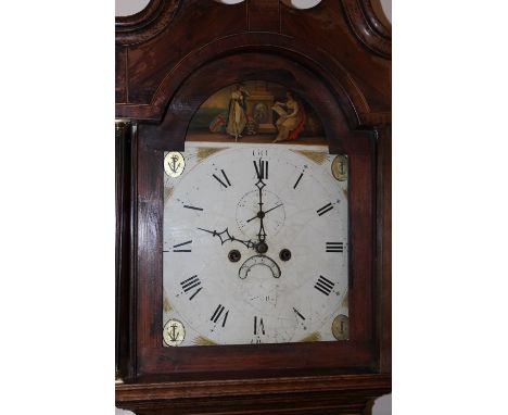 AN OAK AND MAHOGANY EIGHT DAY LONGCASE CLOCK, the arched painted dial with eight day movement, maker's name indistinct, a pai