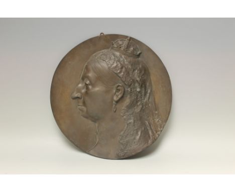 A BRONZED PLAQUE DEPICTING QUEEN VICTORIA SIGNED DRESSLER, also marked Coalbrookdale to the right side, Dia 41 cm Buyers - fo