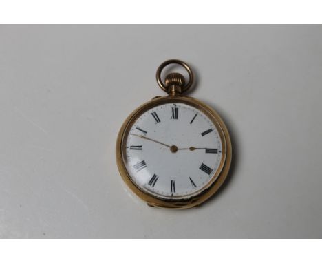 AN 18K GOLD OPEN FACED MANUAL WIND POCKET WATCH, having white enamel dial, Roman numeral hour markers, secondary outer minute