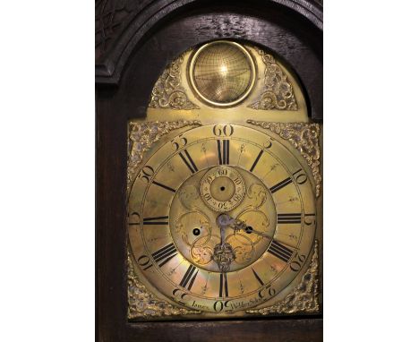 A GEORGE III OAK CASED LONGCASE CLOCK, with arched brass dial, eight day movement, subsidiary seconds dial and date aperture,