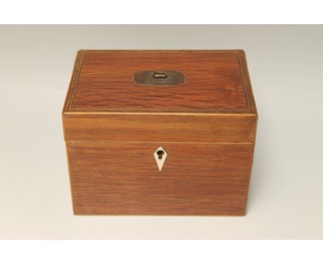A 19TH CENTURY MAHOGANY TEA CADDY WITH INLAID DECORATION, the hinged lid opening to reveal a fitted interior with two caniste