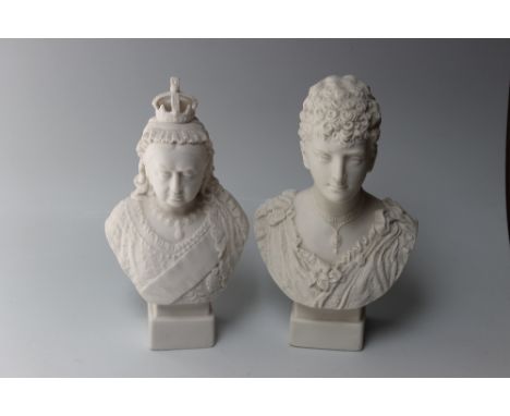 A 19TH CENTURY PARIAN BUST DEPICTING QUEEN VICTORIA, impressed to the reverse 'R &amp; L', H 22.5 cm, together with another p