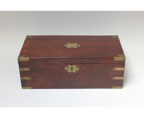 A LARGE 19TH CENTURY MAHOGANY BRASS BOUND CAMPAIGN WRITING SLOPE, the hinged lid with inlaid brass plaque opening to a baize 