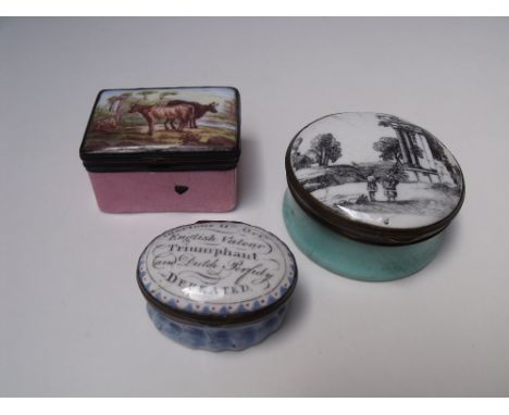 AN 18TH CENTURY ENAMEL PATCH BOX, text to lid reading 'Glorious 11th Oct English Valour Triumphant and Dutch Perfidy Defeated