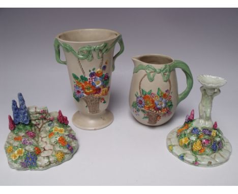 TWO ART DECO TUSCAN CHINA PLANT ORNAMENTS 'GARDEN PATH' AND 'BIRD BATH', together with a Newport pottery jug and a similar va