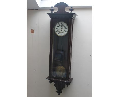 A VIENNA WALLCLOCK, the enamel dial with Roman numerals, glazed case, twin brass weights and pendulum, H 120 cm A/F Buyers - 