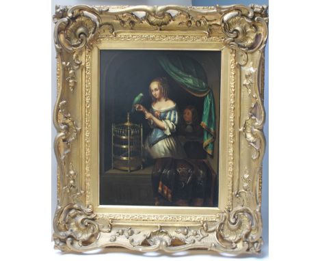 MANNER OF CASPAR NETSCHER (1635-1684) 'Le Repas du Favori', oil on panel, titled verso, gilt framed, 42 x 32 cm Buyers - for 