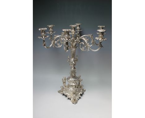 A LARGE AND IMPRESSIVE SILVER PLATED SIX BRANCH MASONIC CANDELABRA - LODGE OF CHARITY 1551, the six scrolling arms of natural