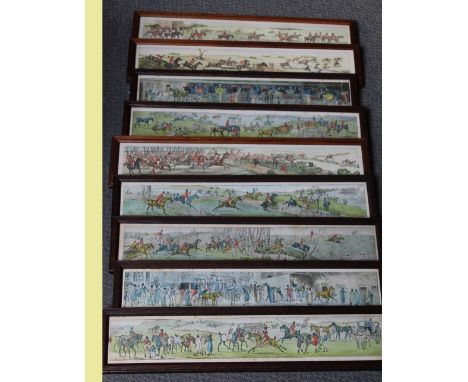 A SET OF NINE OAK FRAMED EARLY 19TH CENTURY HUNTING / COACHING PRINTS, published by 'Fuller of London', glazed, 10 x 58 cm (9
