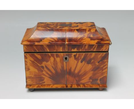 A VICTORIAN TORTOISESHELL TEA CADDY, of traditional casket form, the shaped hinged lid bearing a small brass plaque, opening 