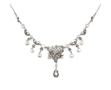 Antique scroll and drop necklace, set with blister pearls and rose cut diamonds, mounted in silver and 9 ct integrated belche
