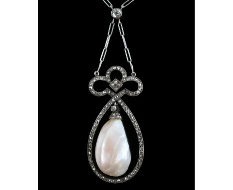 Early 20th Century baroque pearl and diamond drop pendant brooch, the pink hued pearl is suspended within a rose cut diamond 