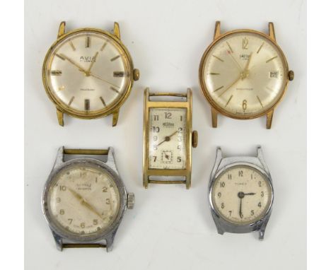 Medana 17 jewels Tank style watch, in a gold plated case, with a Services Navigator watch, Timex watch, Smiths 7 jewels watch