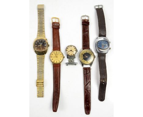 Memostar alarm wrist watch, 17 jewel incabloc, blue face, baton markers, on brown leather strap, Kings 17 jewel shock protect