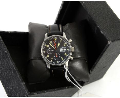 A Fortis Grenchen automatic chronograph wrist watch, stainless steel case, black dial with Arabic numerals and subsidiary sec