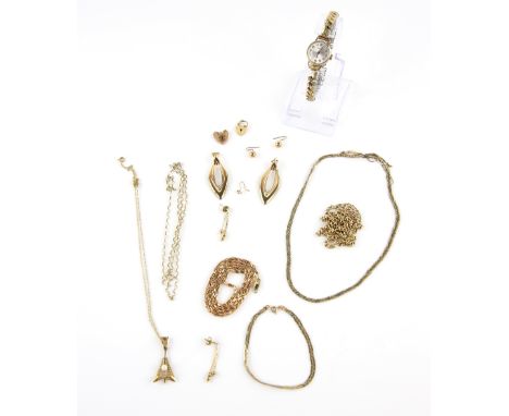 Gold jewellery, a pair of vintage drop earrings, with post and butterfly fittings, three other pairs of earrings and one loos
