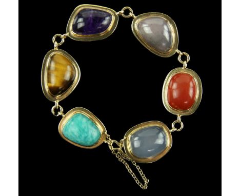 1960's hardstone 'pebble' bracelet, set with vari-shaped cabochons, including tigers eye, amethyst, chalcedony, jasper and am