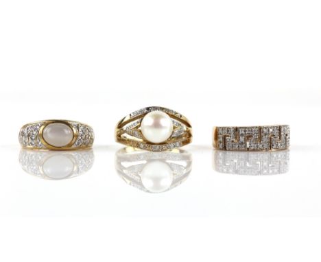 Three rings, comprising a pearl and diamond ring, with a central 9.2mm pearl with diamond detail, ring size T, a diamond set,