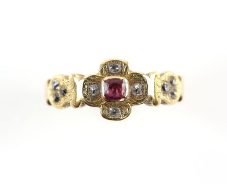 Victorian ruby and diamond ring, central square cut ruby set in a quatrefoils setting surrounded by four old cut diamonds and