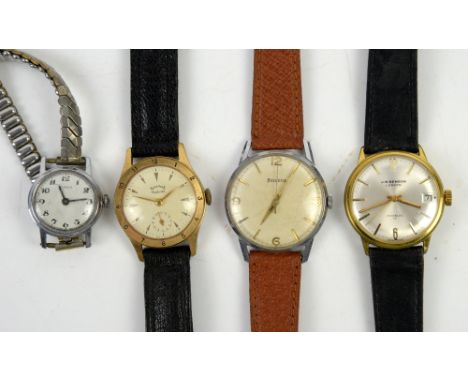 J. W. Benson 17 jewels incabloc wristwatch on black leather strap, with a Services Marine watch, Helvetia watch and a ladies 