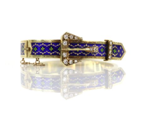 Vintage enamel buckle bangle, set with round brilliant cut diamonds, estimated total diamond weight 0.50 carats, a royal blue