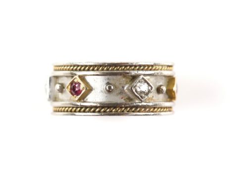 Ruby and old cut diamond dress ring, set with four old cut diamonds, and three round cut rubies, in diamond shaped mounts alo