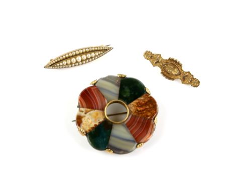 Three brooches, comprising a Victorian bar brooch, with wirework and beading detail, stamped 9 ct, a Victorian seed pearl bro