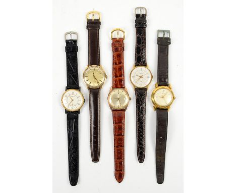 Pobeda soviet watch with white dial, Poljot 22 jewel watch, Timex watch, Zelma 17 jewel watch and Raketa 16 jewel wristwatch 