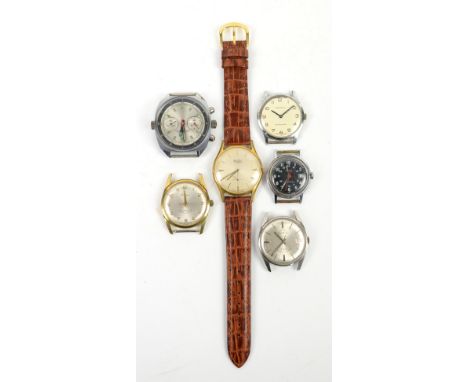 Six watches, including a Wtypmahckne chronograph, a Chateau 17 jewel, Bentina star watch, an Ingersoll, a Mondaine and a Time